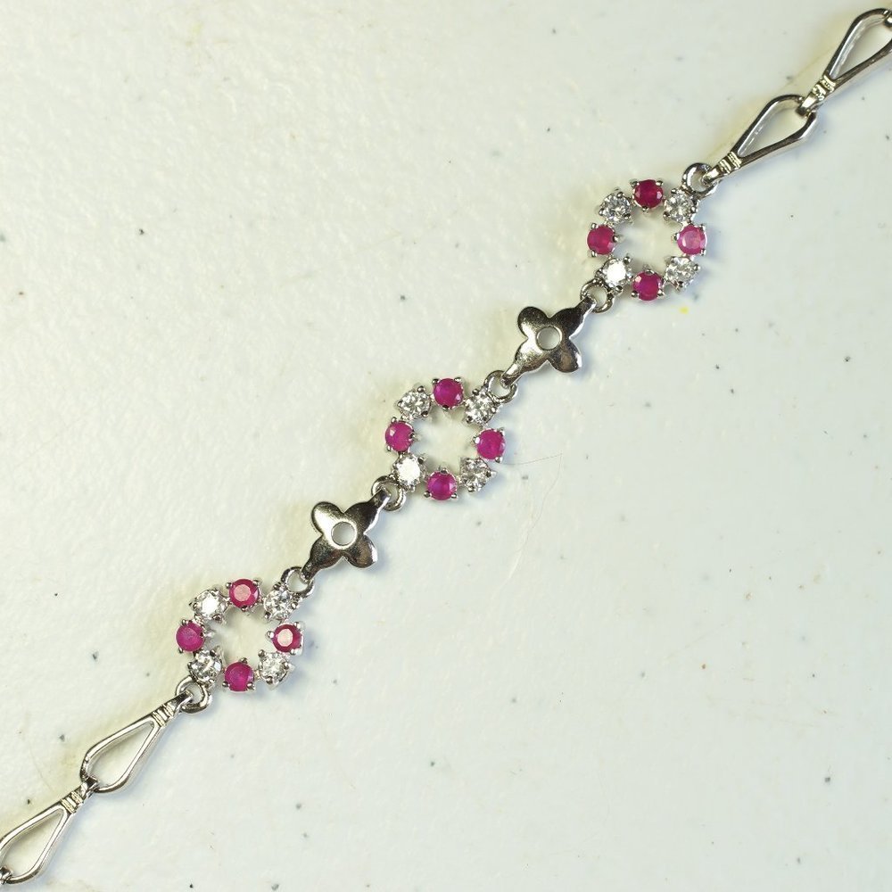 Link Bracelet with White and Pink Stones 8.5" Snap Lock Clasp